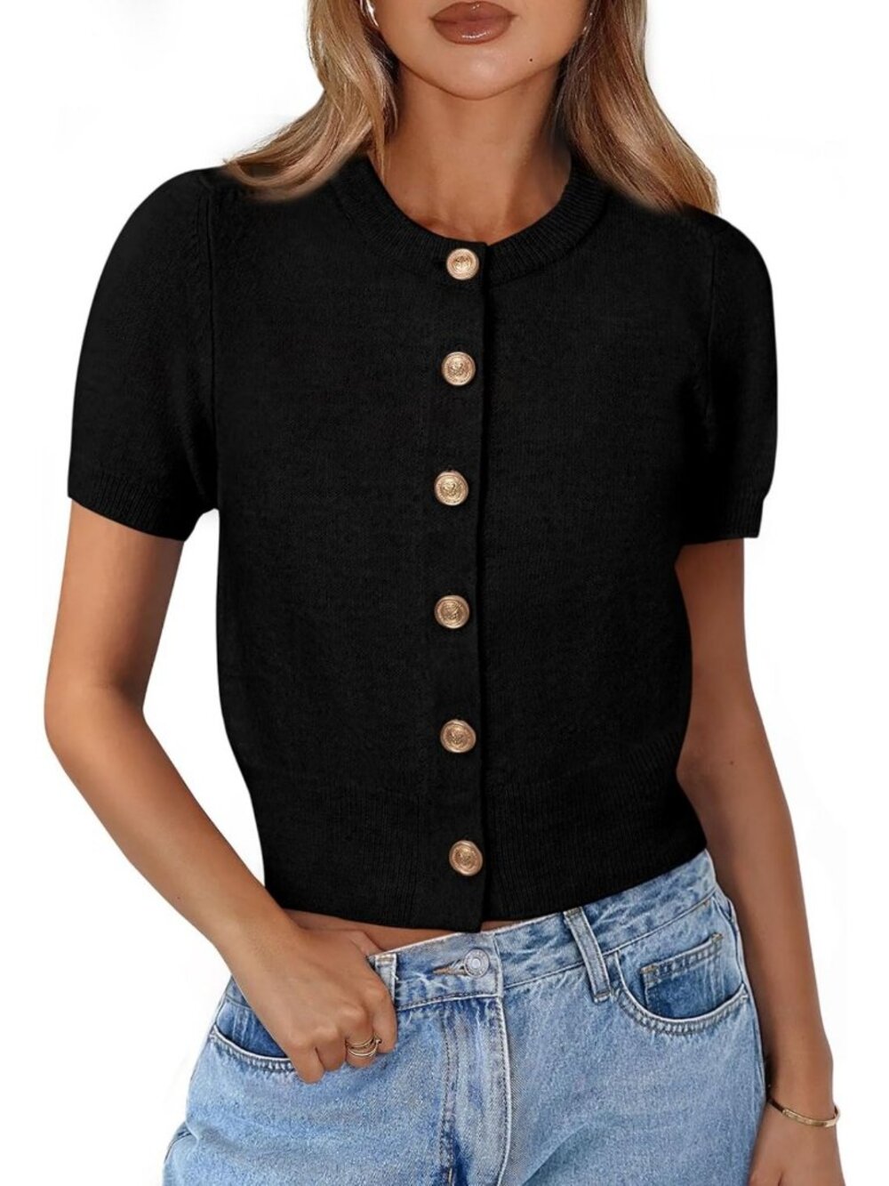 Soft Stretchy Knit Summer Cardigan | Short Sleeve Crewneck Crop Top Blouse